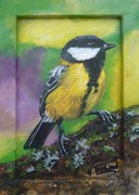 Peinture mesange noire dans la nature - virginie Trabaud Artiste Peintre