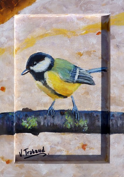 Peinture Petite msange noire - acrylique Virginie TRABAUD Artiste Peintre Copyright