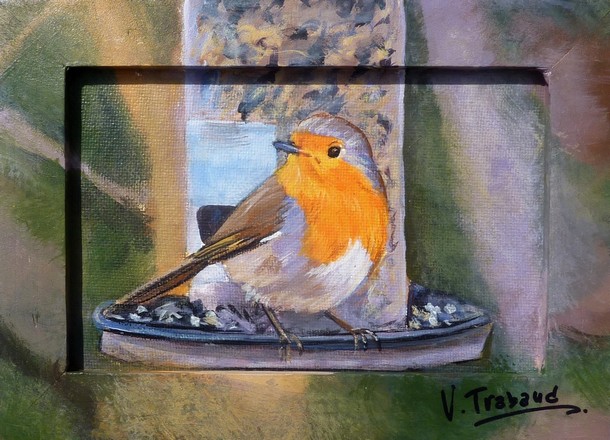 Peinture Rouge-gorge sur une mangeoire oiseau - acrylique Virginie TRABAUD Artiste Peintre Copyright