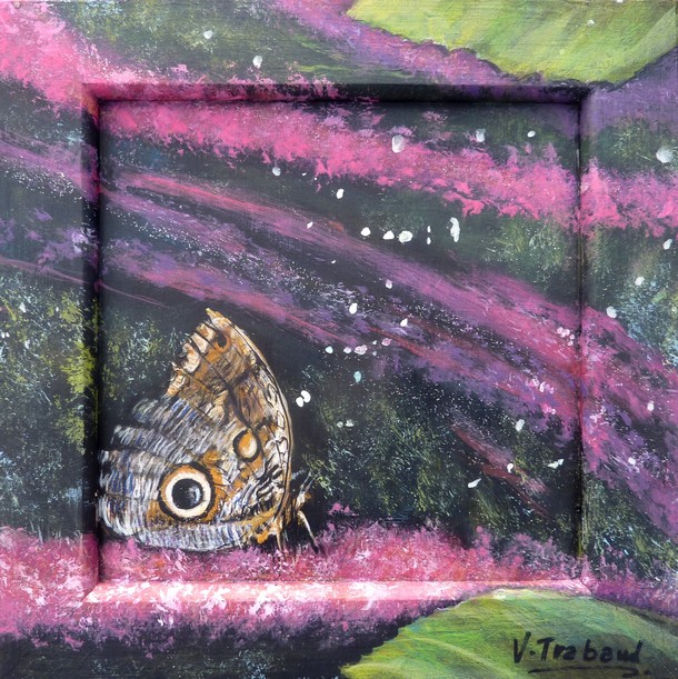 Peinture sur bois Papillon Morpho et fleurs - Acrylique - Virginie TRABAUD Artiste Peintre