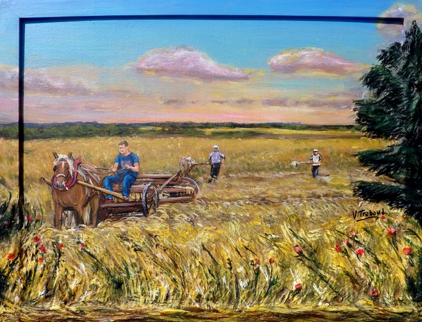 Peinture paysage de campagne et scne de moisson - Acrylique et mortier en relief - Virginie Trabaud artiste peintre