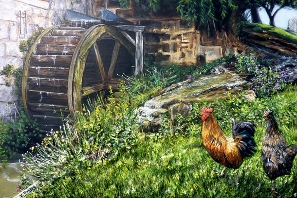 Peinture Le moulin  eau de saint-en-puisaye Vanneau avec poule et coq - acrylique et sculpture au mortier en relief 3D - virginie Trabaud