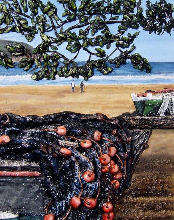 Peinture Barque de pcheur sur la plage Martinie - acrylique et relief 3D Virginie TRABAUD