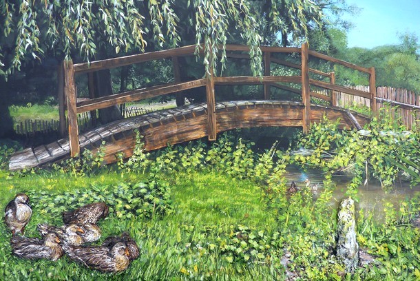 Peinture Petit pont de bois sur rivire avec canards - acrylique et sculpture au mortier en relief 3D - virginie Trabaud