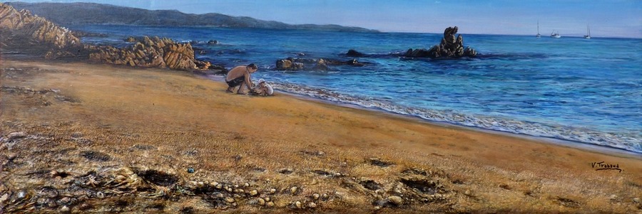 Peinture la plage de Corse Les Sanguinaires pre et son enfant - acrylique et sculpture au mortier en relief 3D - virginie Trabaud