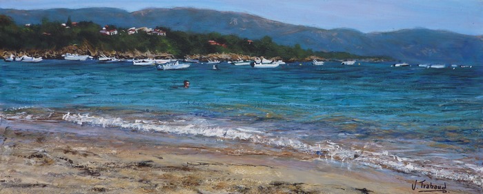 Plage du golfe de sagone corse - peinture acrylique et en relief - virginie trabaud