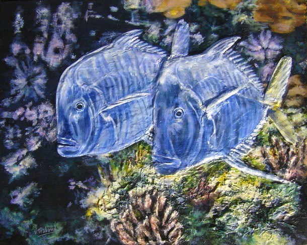 Peinture Les Poissons lunes - acrylique et sculpture au mortier en relief 3D - virginie Trabaud