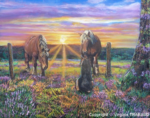 Peinture Les Portes du Paradis Chevaux et chien - Acrylique et mortier en relief Virginie TRABAUD Artiste peintre
