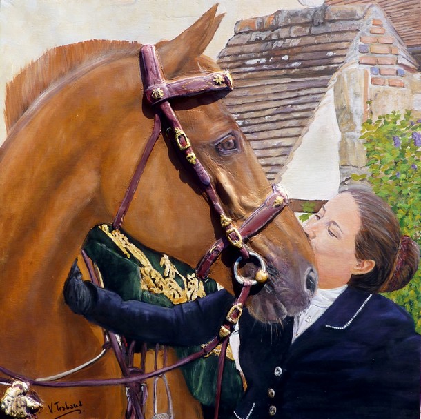 Peinture Portrait de Cavalire embrassant son cheval - cathy et mistic - acrylique et sculpture au mortier en relief 3D - virginie Trabaud