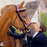 Peinture Portrait de cavalire avec son cheval - tableau acrylique en 3D - virginie trabaud