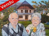 Peinture acrylique - Portrait d'un couple ag devant son chalet et jardin  - Cliquez sur l'image pour voir la fiche et l'agrandissement