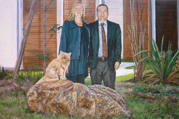 Peinture Portrait d'un couple et chat persan roux d'aprs photo - Virginie Trabaud Artiste Peintre Portraitiste