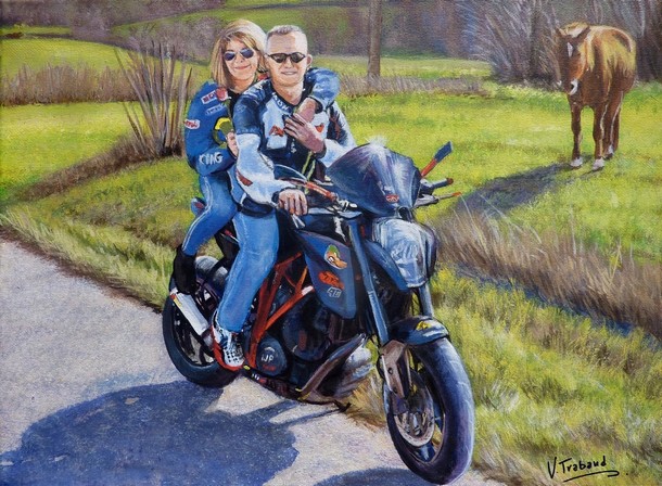 Portrait d'un couple sur une moto  la campagne - Peinture acrylique - Copyright Virginie TRABAUD Artiste Peintre