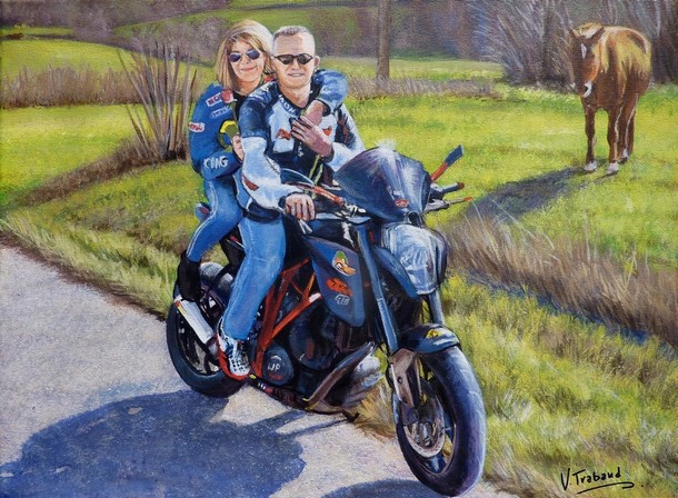 couple sur une moto  la campagne - Cliquez sur l image pour voir la fiche dtaille et le tarif de l oeuvre