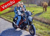 couple sur une moto  la campagne - Cliquez sur l image pour voir la fiche dtaille et le tarif de l oeuvre