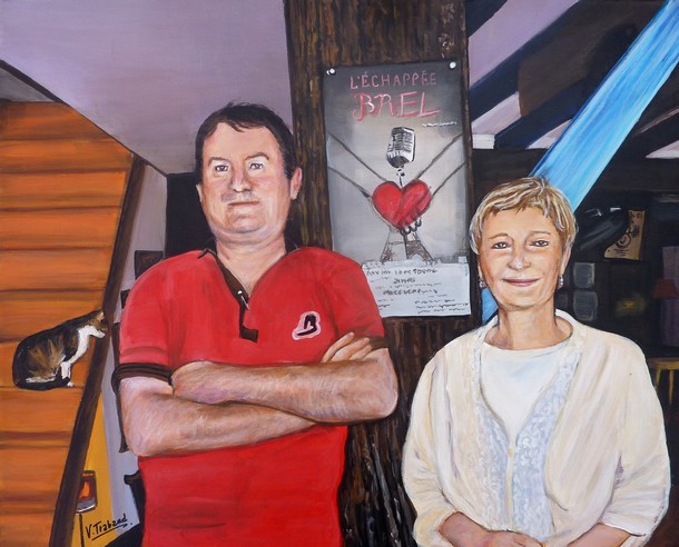 Portrait d'un couple de thatre avec leur chat - peinture acrylique virginie trabaud  - Cliquez sur l'image pour voir la fiche et l'agrandissement