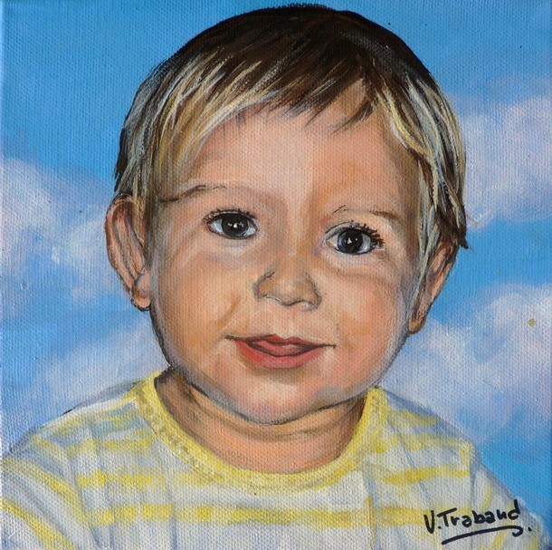 Peinture Portrait de petit garon blond d'aprs photo - acrylique - Virginie Trabaud artiste peintre