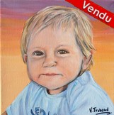 Portrait de petit garon blond en tee-shirt bleu - Peinture acrylique d'aprs photo - Virginie Trabaud Artiste Peintre