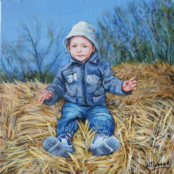 Peinture Bb assis sur Foin d'aprs photo - acrylique - Virginie Trabaud Artiste Peintre Portraitiste