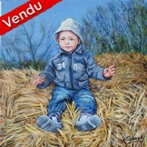 Portrait de bb assis sur le foin - Peinture acrylique d'aprs photo - Virginie Trabaud Artiste Peintre