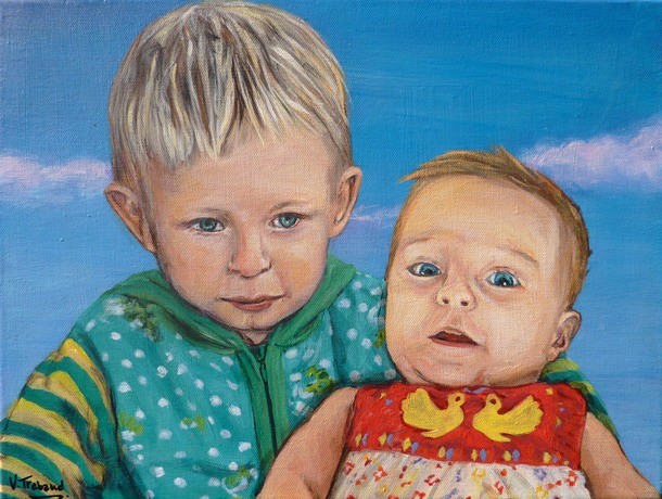 Peinture Portraits de petit garon et bb fille d'aprs photos - Virginie Trabaud Artiste Peintre Portraitiste