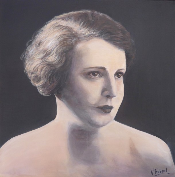 Peinture portrait ancien de femme en noir et blanc spia anne 50 - Virginie Trabaud Artiste Peintre