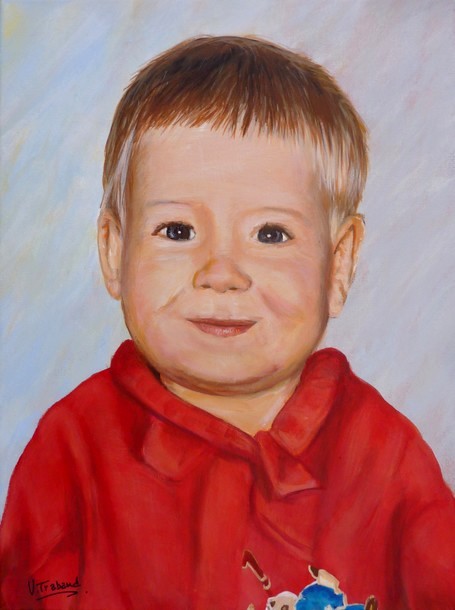 Peinture Portrait d'un petit garon blond avec pull rouge - d'aprs photos - Virginie TRABAUD