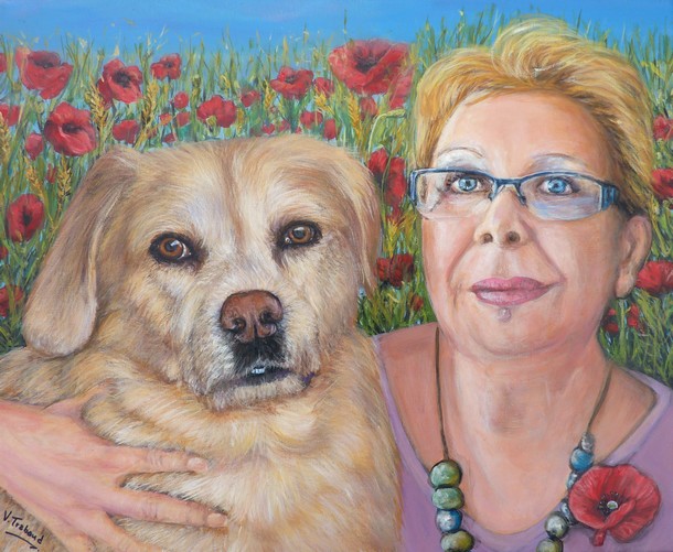 Peinture femme et son chien - Virginie Trabaud Artiste Peintre