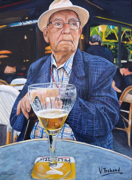 Peinture portrait d un homme g assis devant une bire - Acrylique - Virginie Trabaud