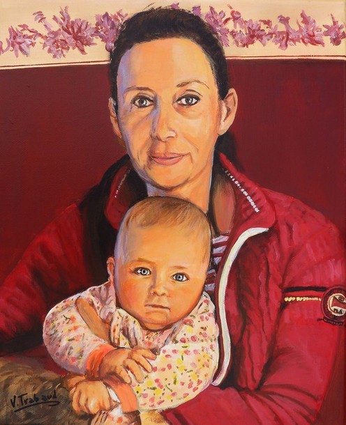 Peinture portraits mre et bb fille - acrylique sur toile d'aprs photos - Virginie TRABAUD