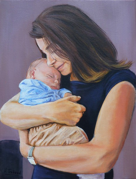 Peinture portraits mre et bb garon - acrylique sur toile d'aprs photos - Virginie TRABAUD