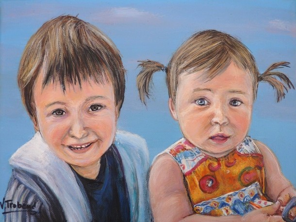 Peinture portrait d'enfants  petit garon et petite fille avec des couettes - d'aprs photos -  virginie trabaud