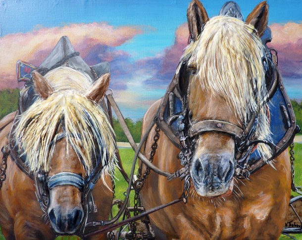 Peinture Les Chevaux au Labour - Acrylique et mortier en relief Virginie TRABAUD Artiste peintre