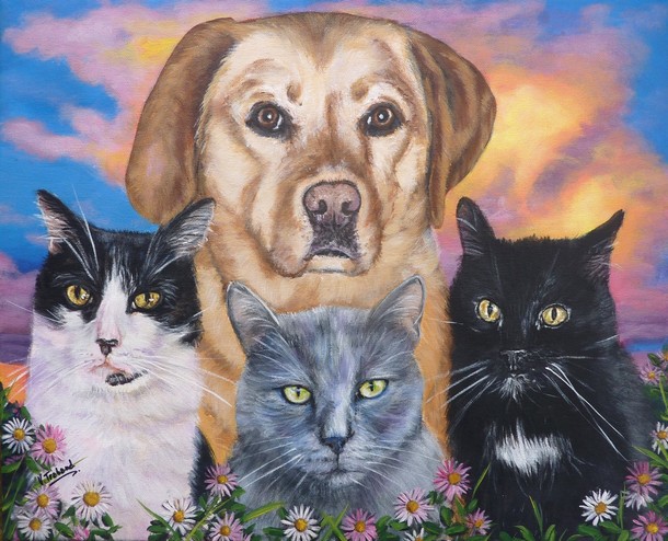 Peinture portraits d un chien labrador et de 3 chats - acrylique - virginie trabaud artiste peintre