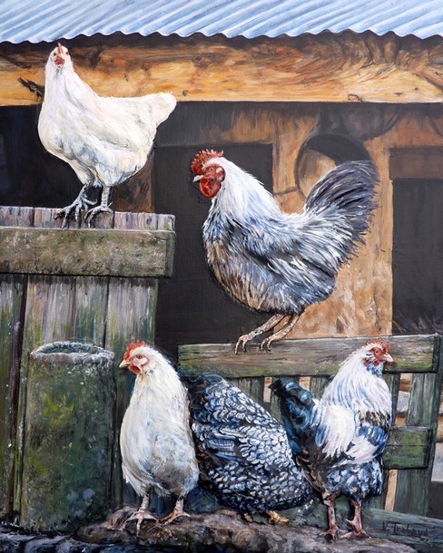 Peinture  la ferme - Poules et Coqs - Acrylique et sculpture en relief virginie trabaud