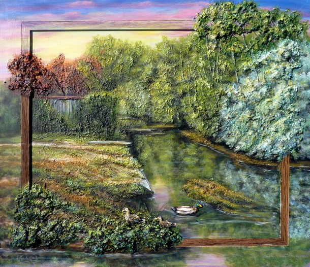 Peinture Lavoirs sur la rivire La Voulzie avec canards - acrylique et sculpture au mortier en relief 3D - virginie Trabaud