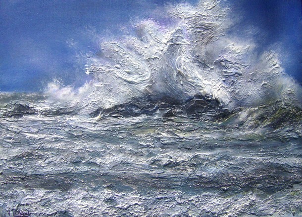 peinture Vagues et rochers en pleine tempte bretagne - Acrylique et relief - virginie trabaud