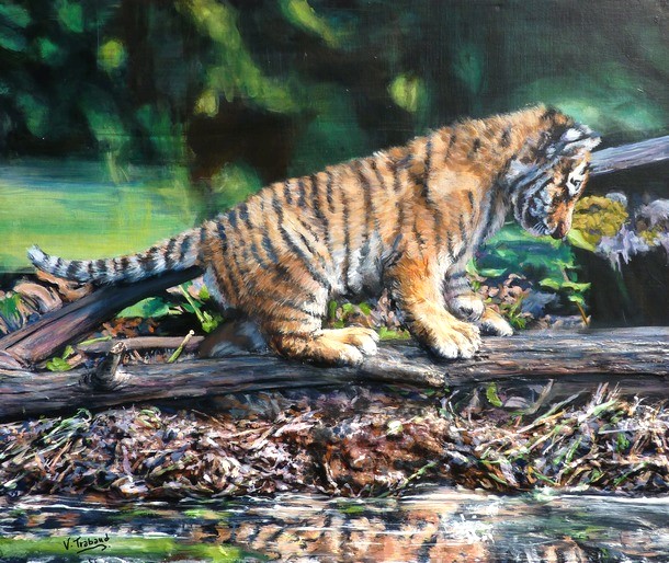 Peinture bb tigre et rivire - acrylique et sculpture au mortier en relief 3D - virginie Trabaud