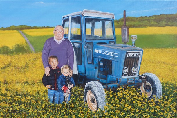tracteur ford 4600 bleu - tableau de peinture acrylique - Champs colza portrait grand-pre et ses enfants - Virginie TRABAUD copyright