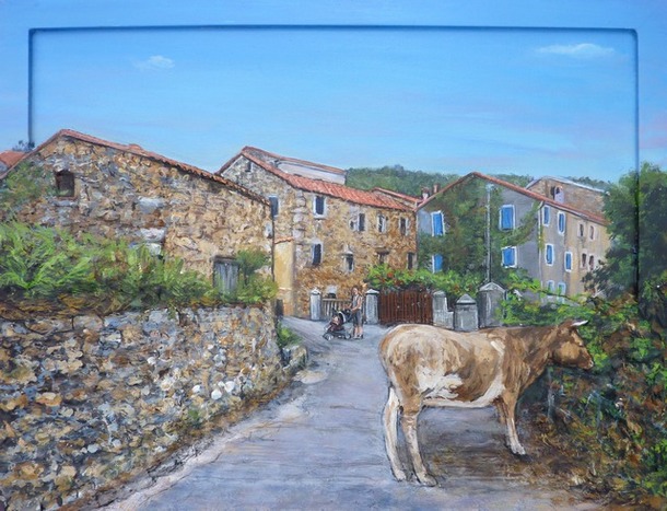 Peinture Maison de village Corse Rennu avec vache - acrylique et sculpture au mortier en relief 3D - virginie Trabaud