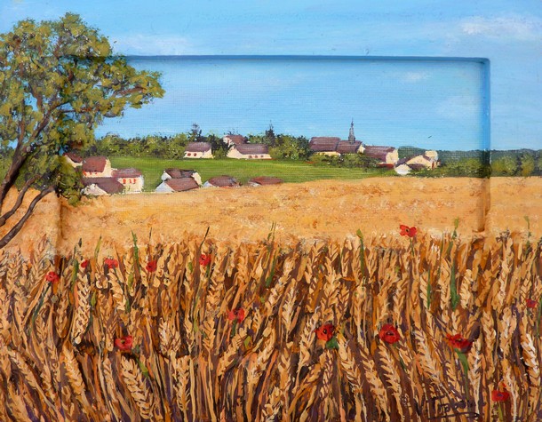 Peinture Village de campagne Bourgogne vue sur saint agnan - acrylique et sculpture au mortier en relief 3D - virginie Trabaud