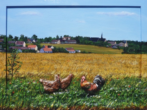 Peinture village de campagne poules et Coq champs de bls - Virginie Trabaud Artiste Peintre