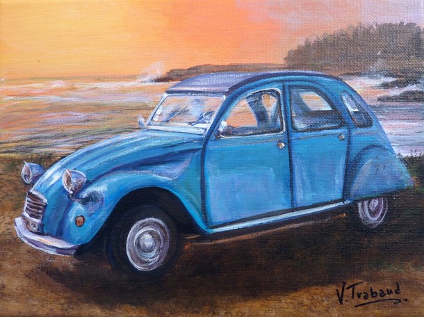 Peinture 2cv bleu petrel - coucher de soleil bord de mer - Virginie TRABAUD Artiste Peintre