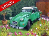 peinture d'aprs photo 2cv verte dans un jardin fleuri - Cliquez sur l image pour voir la fiche dtaille et consulter le tarif de l oeuvre