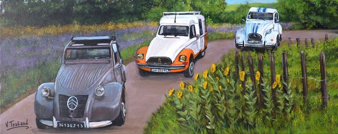 Peinture 2cv AZLP - 2cv France 3 et Acadiane sur une route de provence - Acrylique sur toile d aprs photos - virginie trabaud