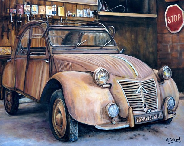 Peinture 2cv az rouill un trsor dans mon garage vintage - Acrylique et Mortier en relief Virginie TRABAUD Artiste peintre