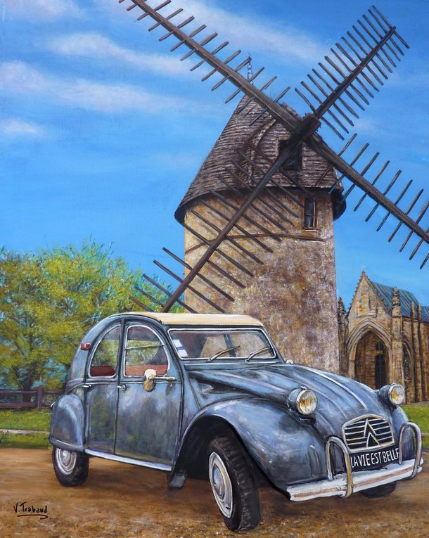 Peinture 2cv Azam et moulin de vende - Acrylique et Mortier en relief Virginie TRABAUD Artiste peintre