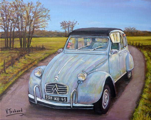 Peinture 2cv Azam grise sur une route de campagne - Acrylique sur toile d aprs photo - virginie trabaud