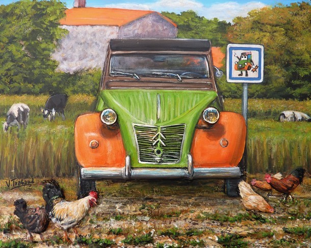 Peinture 2cv AZL3 orange et verte  la ferme - Acrylique et relief Virginie TRABAUD