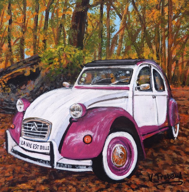 Peinture 2cv blanche et fushia paysage fort - acrylique - Virginie TRABAUD Artiste Peintre Copyright